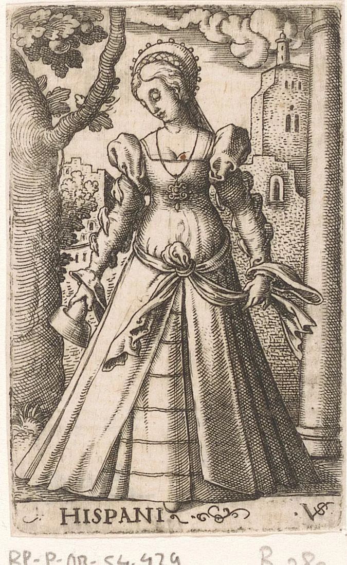 Dwaze maagd als personificatie van Spanje by Unknown, print, 1524-1562