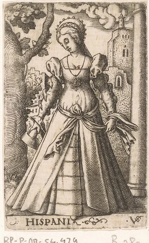 Dwaze maagd als personificatie van Spanje by Unknown, print, 1524-1562