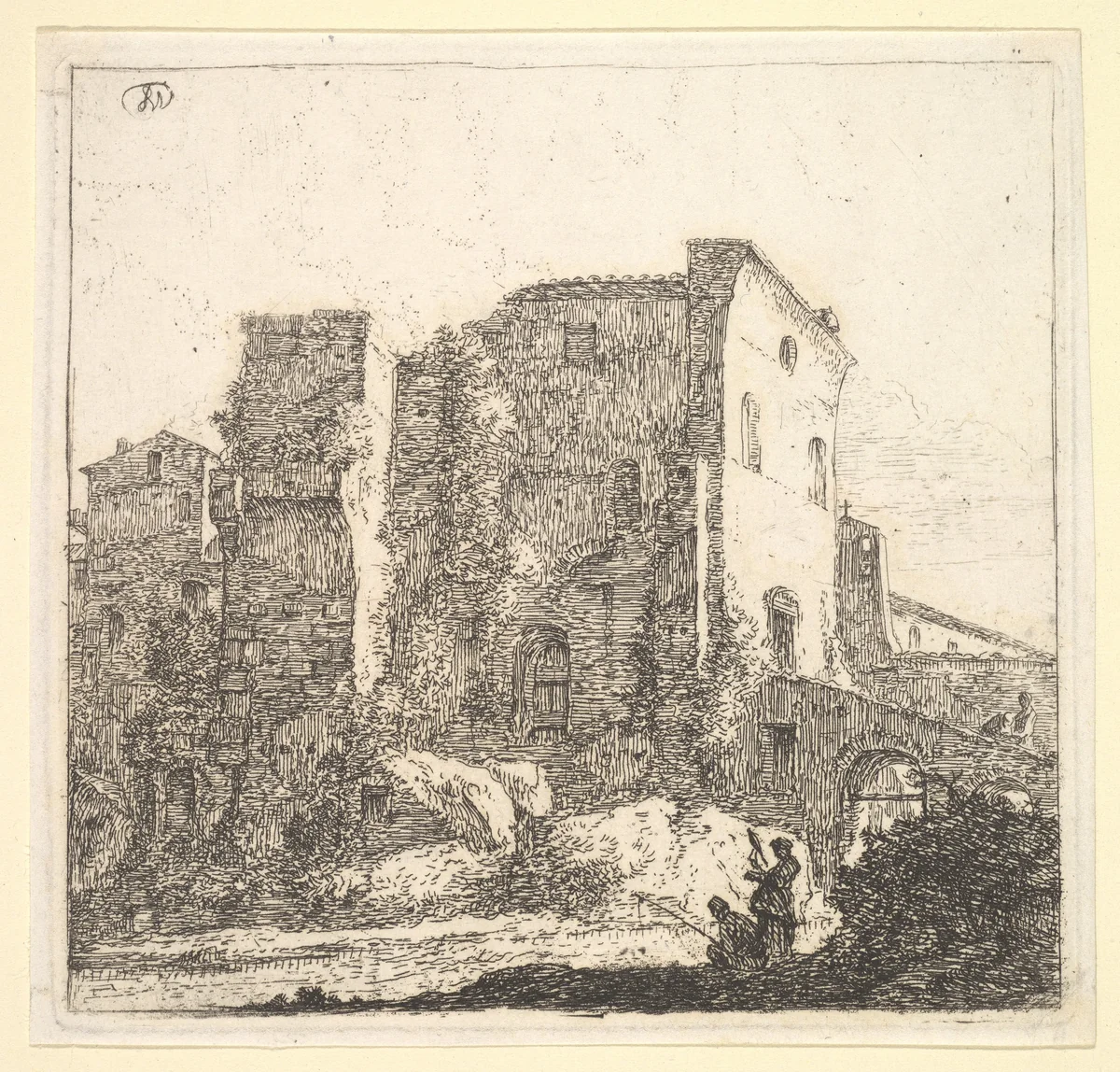 A Woman Spinning and a Fisherman by Thomas Wijck, print, 1610-1677