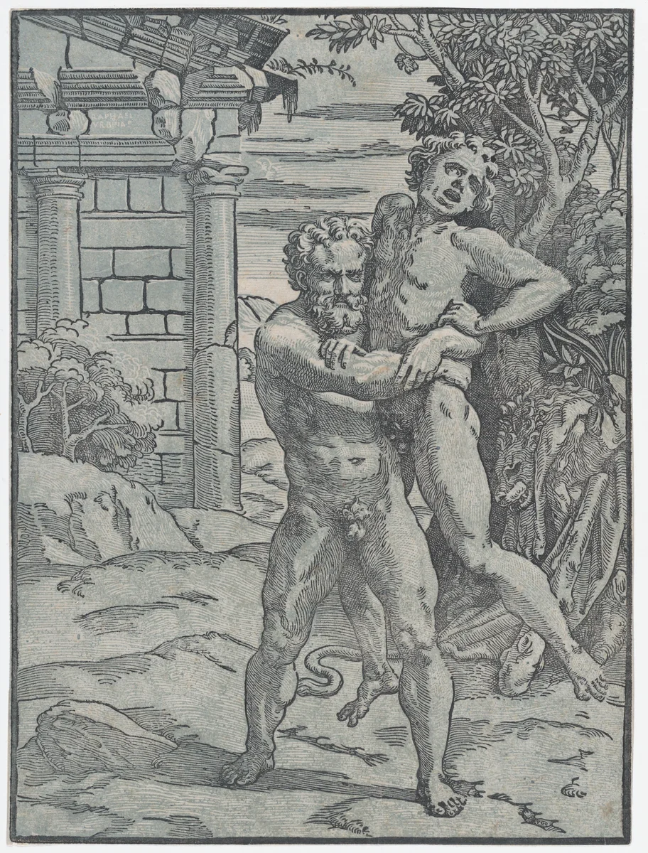 Hercules and Antaeus by Ugo da Carpi, print, 1512-1522