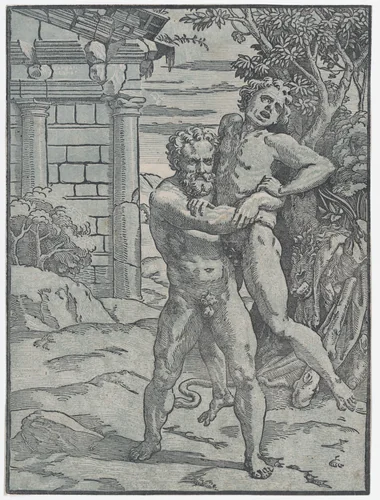 Hercules and Antaeus by Ugo da Carpi, print, 1512-1522
