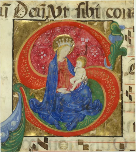 Manuscript Illumination with the Virgin and Child in an Initial S, from an Antiphonary by Master of the Franciscan Breviary, manuscript, 1440-1460
