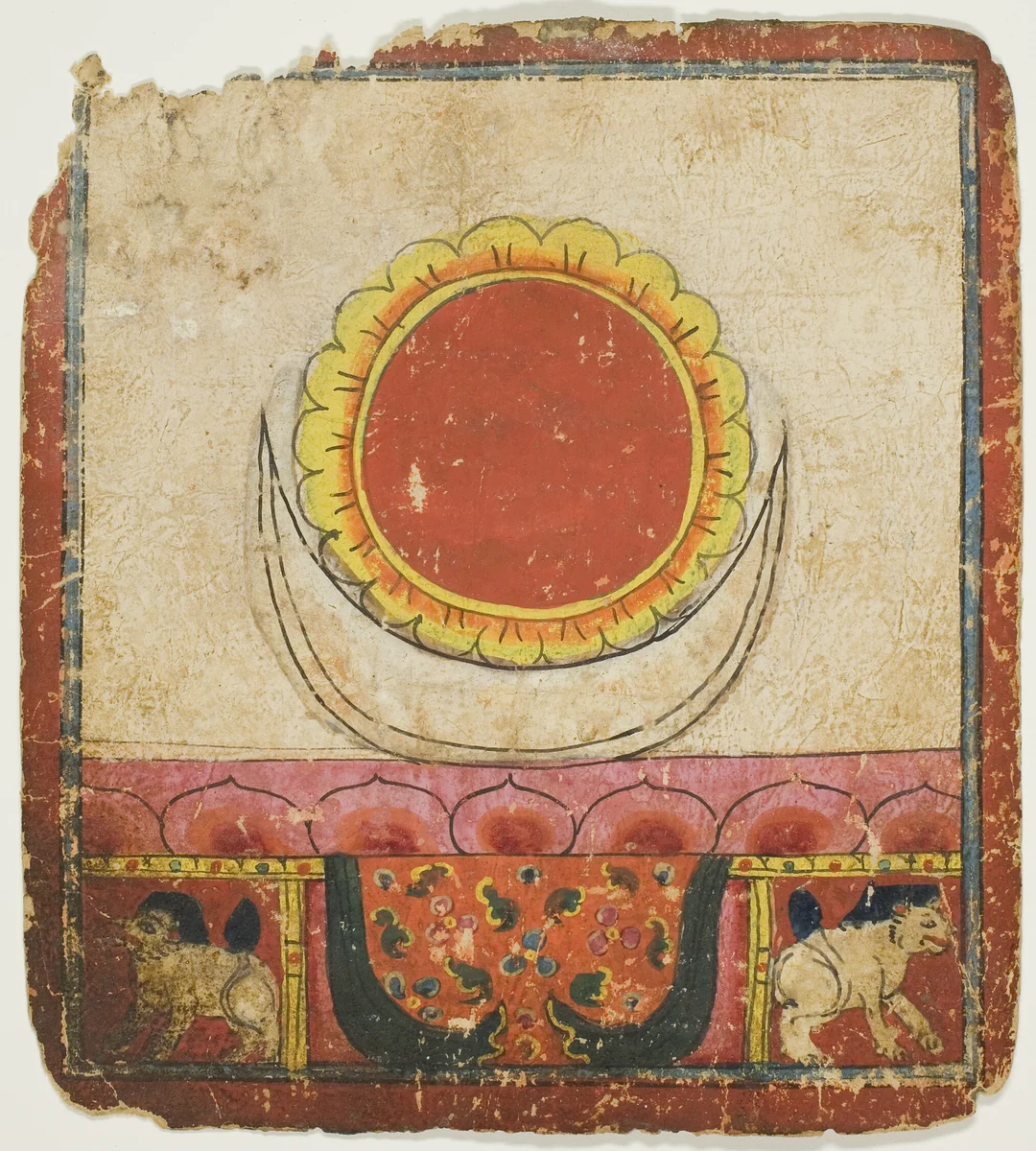 Sun, Moon and Lotus on Lion Throne, from a Set of Initiation Cards (Tsakali) by Southern Tibet, drawing, 1301-1500
