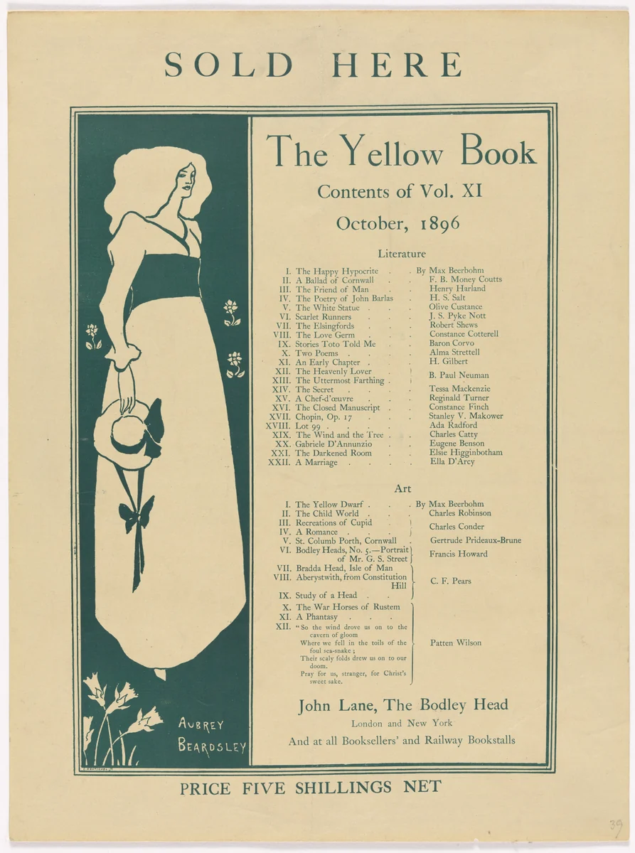 The Yellow Book, Vol. XI: Sold Here by Aubrey Beardsley, design, 1896