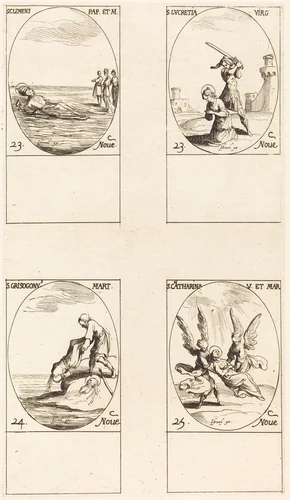 St. Clement; St. Lucretia; St. Chrysogonus; St. Catharine by Jacques Callot, print, 1627-1637