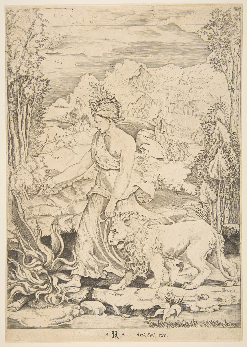 Fortitude in profile view walking toward a fire at left and leading a harnessed lion, a landscape in the background by Marco Dente, print, 1510-1532