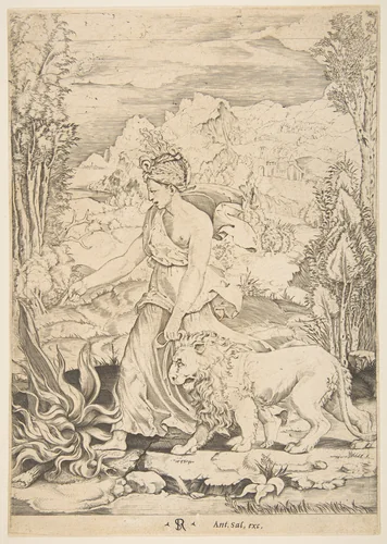 Fortitude in profile view walking toward a fire at left and leading a harnessed lion, a landscape in the background by Marco Dente, print, 1510-1532