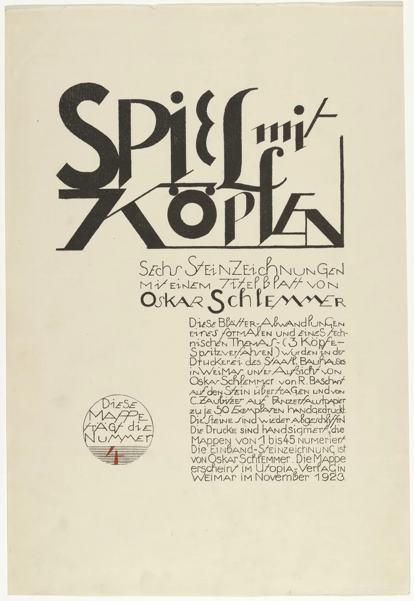 Title page (Titelblatt) from Play on Heads (Spiel mit Köpfen) by Oskar Schlemmer, print, 1923