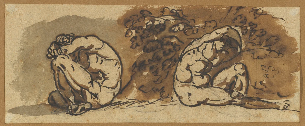 Two Studies of a Male Nude (Althaemenes) Hiding in a Bush by Nicolai Abraham Abildgaard, drawing, 1763-1809