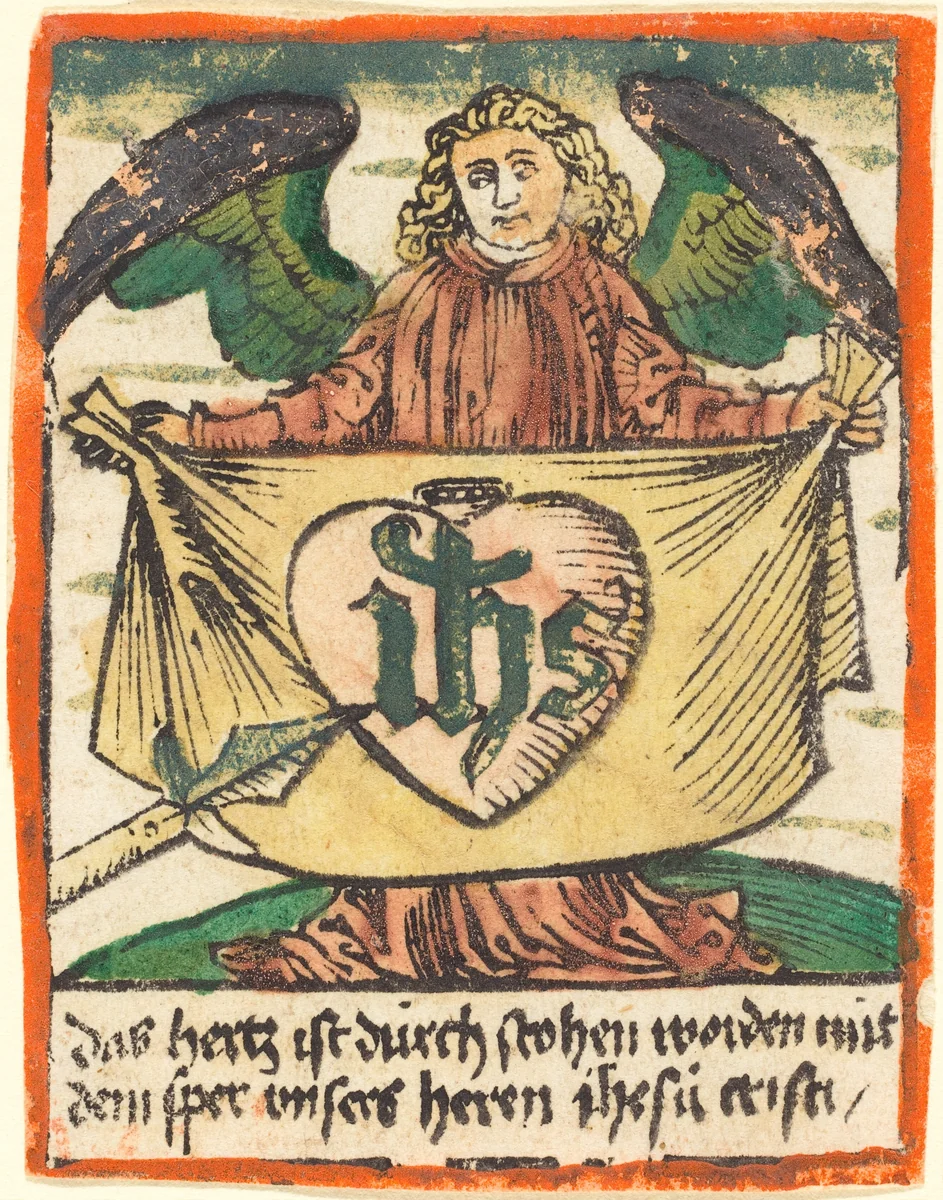 Sacred Monogram in a Sacred Heart on a Cloth Held by an Angel by German 15th Century, print, 1480