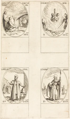 Waiting for the Virgin to Give Birth; St. Nemesius; St. Philogonius; St. Thomas by Jacques Callot, print, 1627-1637