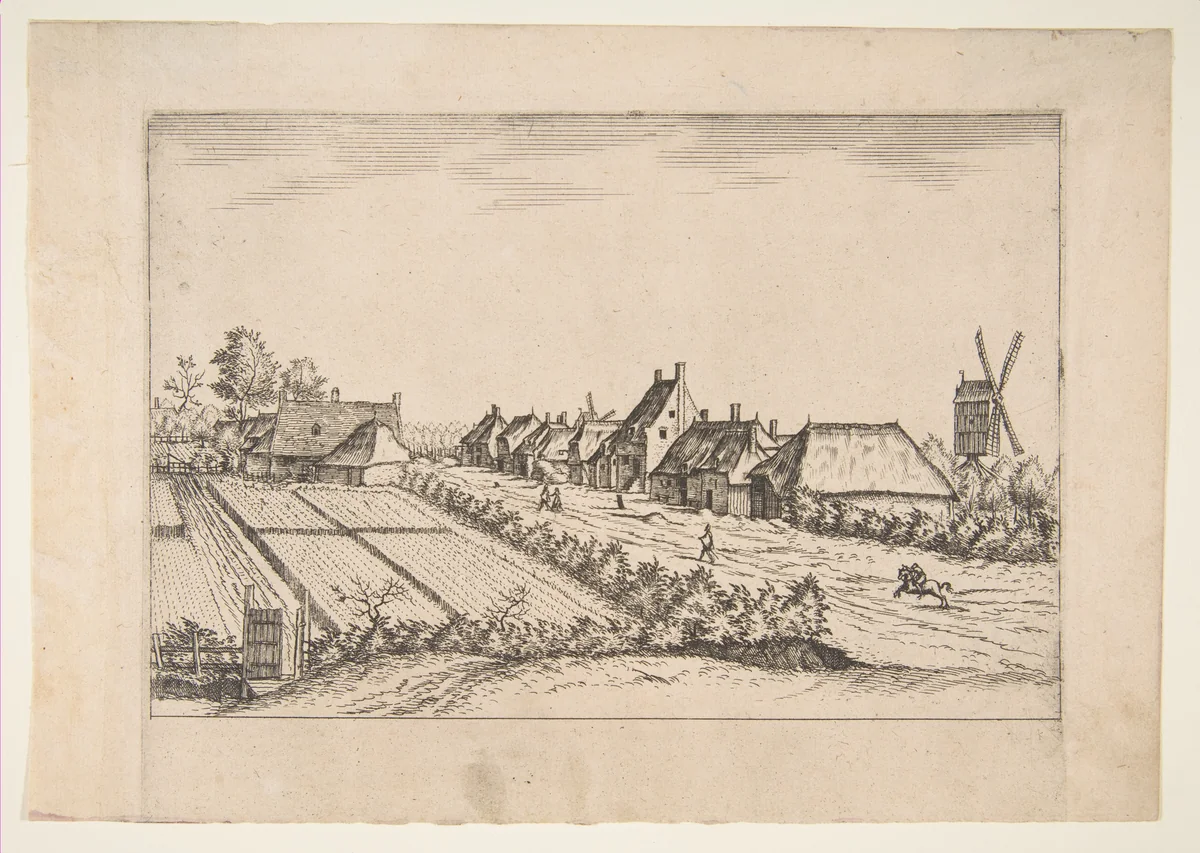 Fields with a Village Road with Post Mill, from the series The Small Landscapes (Multifariarum Casularum) by Johannes van Doetecum, print, 1559-1561
