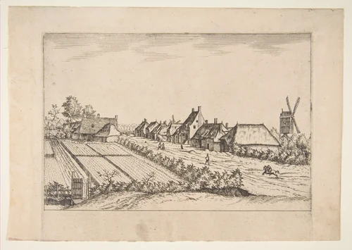 Fields with a Village Road with Post Mill, from the series The Small Landscapes (Multifariarum Casularum) by Johannes van Doetecum, print, 1559-1561
