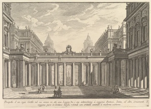View of a courtyard with a loggia, fountains, statues, and other ornaments (Prospetto d'un regio Cortile nel cui mezzo vi stà una Loggia...), from "Prima Parte di Architettura, e Prospettive" by Giovanni Battista Piranesi, print, 1745-1755