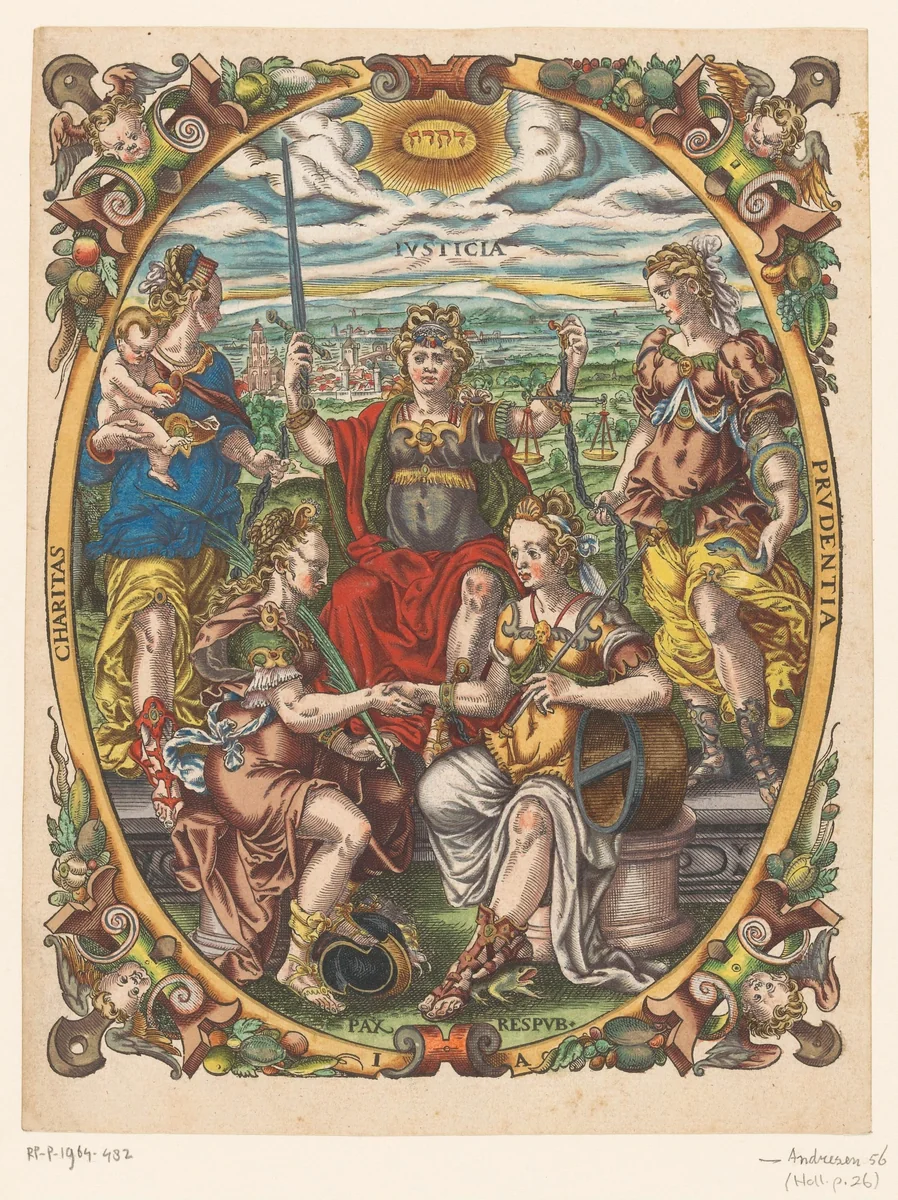 Personificaties van Justitia, Caritas, Prudentia, Pax en Republica by Unknown, print, 1579