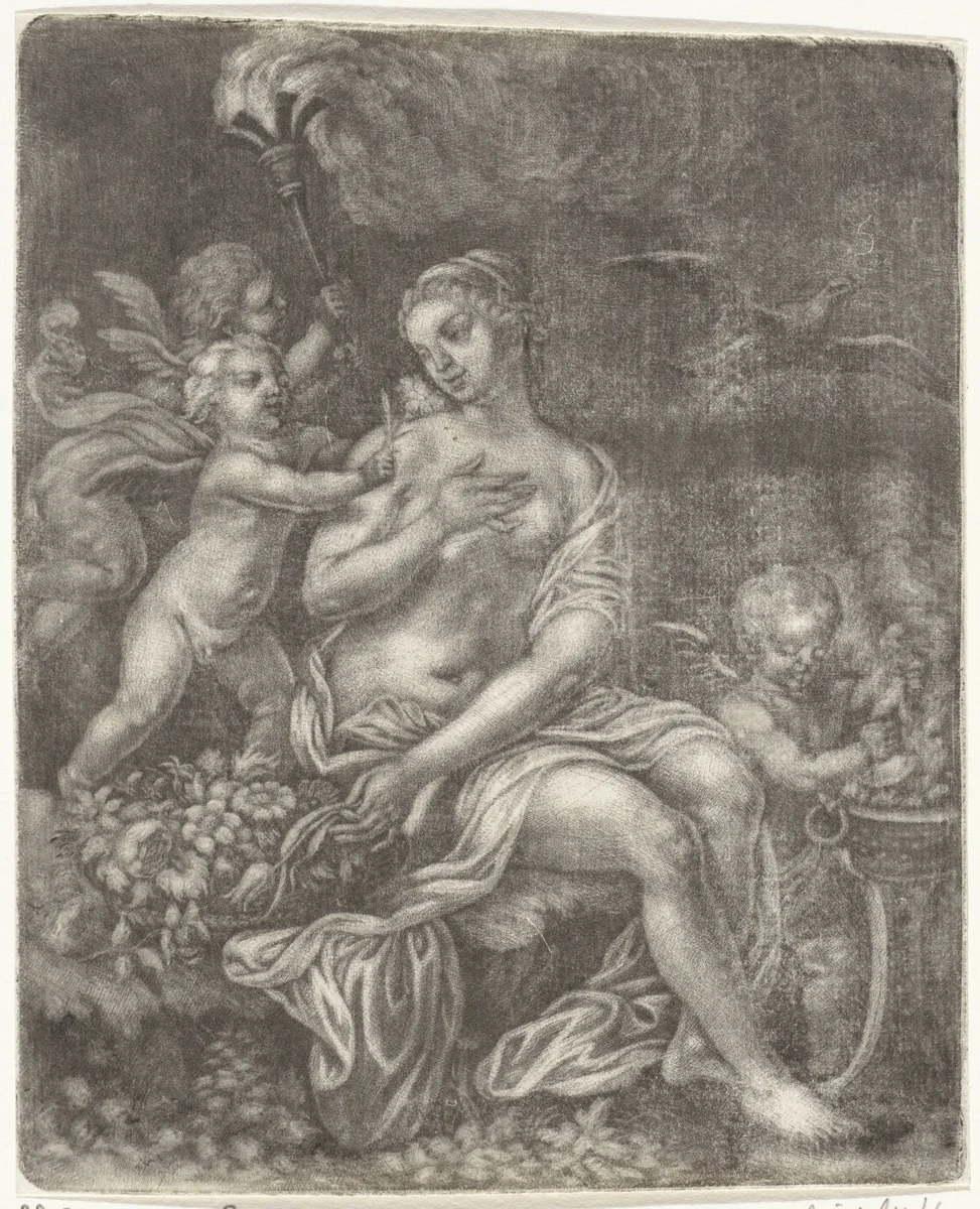 Venus, een duif en drie putti by Jan van Somer, print, 1655-1700