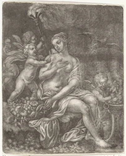 Venus, een duif en drie putti by Jan van Somer, print, 1655-1700
