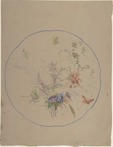 Design of Flower Sprays and Butterflies by anonymous, drawing, 1865-1875
