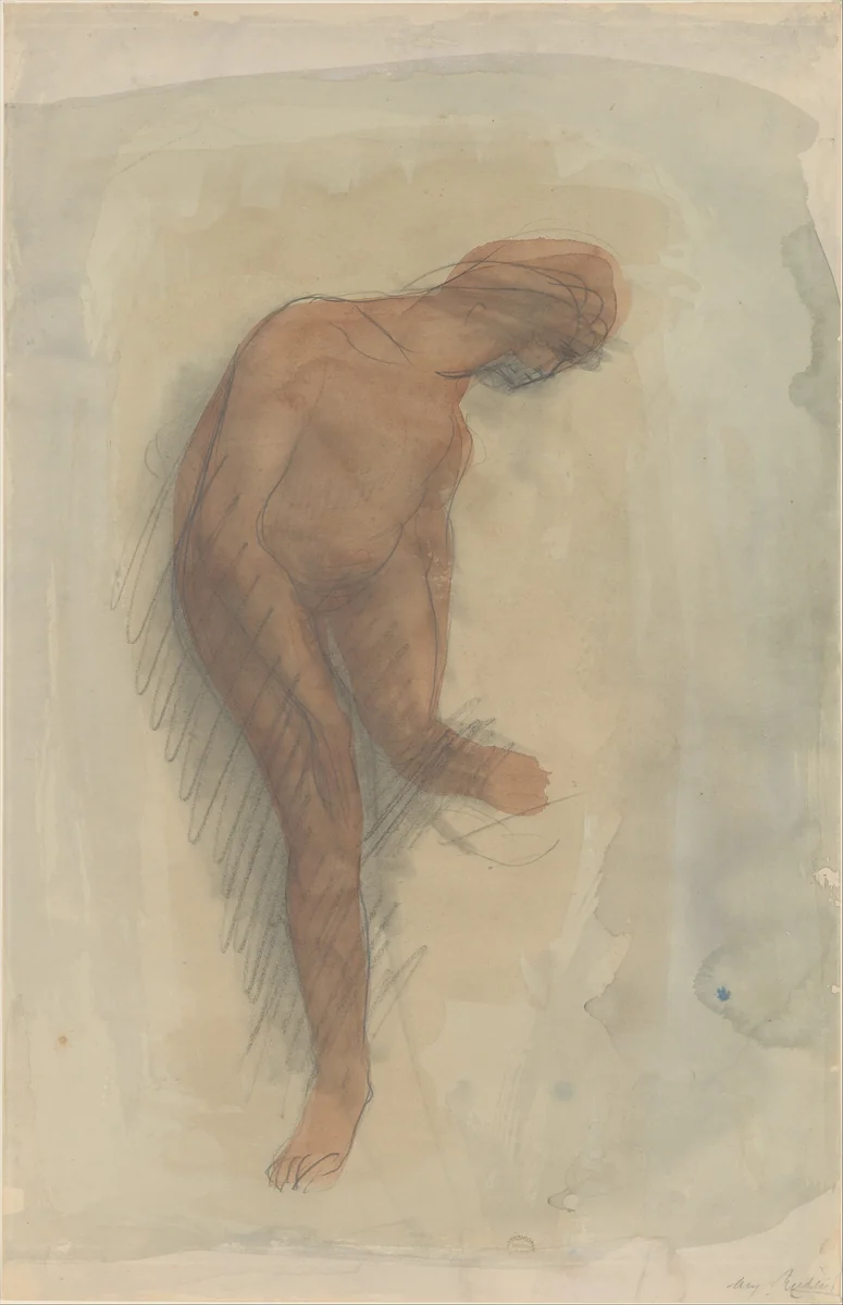 Nude female figure holding left foot by Auguste Rodin, drawing, 1900-1912