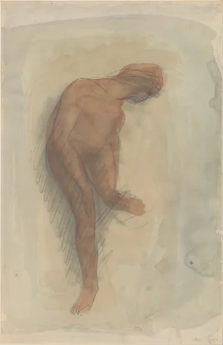 Nude female figure holding left foot by Auguste Rodin, drawing, 1900-1912