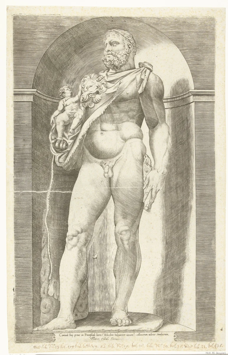 Standbeeld van keizer Commodus als Hercules, by anonymous, print, 1550