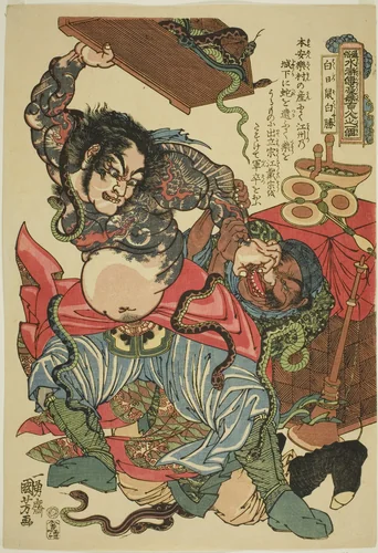 Bai Sheng (Hakujisso Hakusho), from the series "One Hundred and Eight Heroes of the Popular Water Margin (Tsuzoku Suikoden goketsu hyakuhachinin no hitori)" by Utagawa Kuniyoshi (歌川國芳), print, 1822-1835