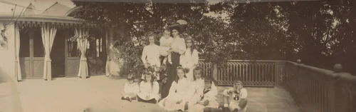 Grand Duchess Xenia Alexandrovna with Children, Some Sitting, Peterhof by Unidentified Photographer, photograph, 1908