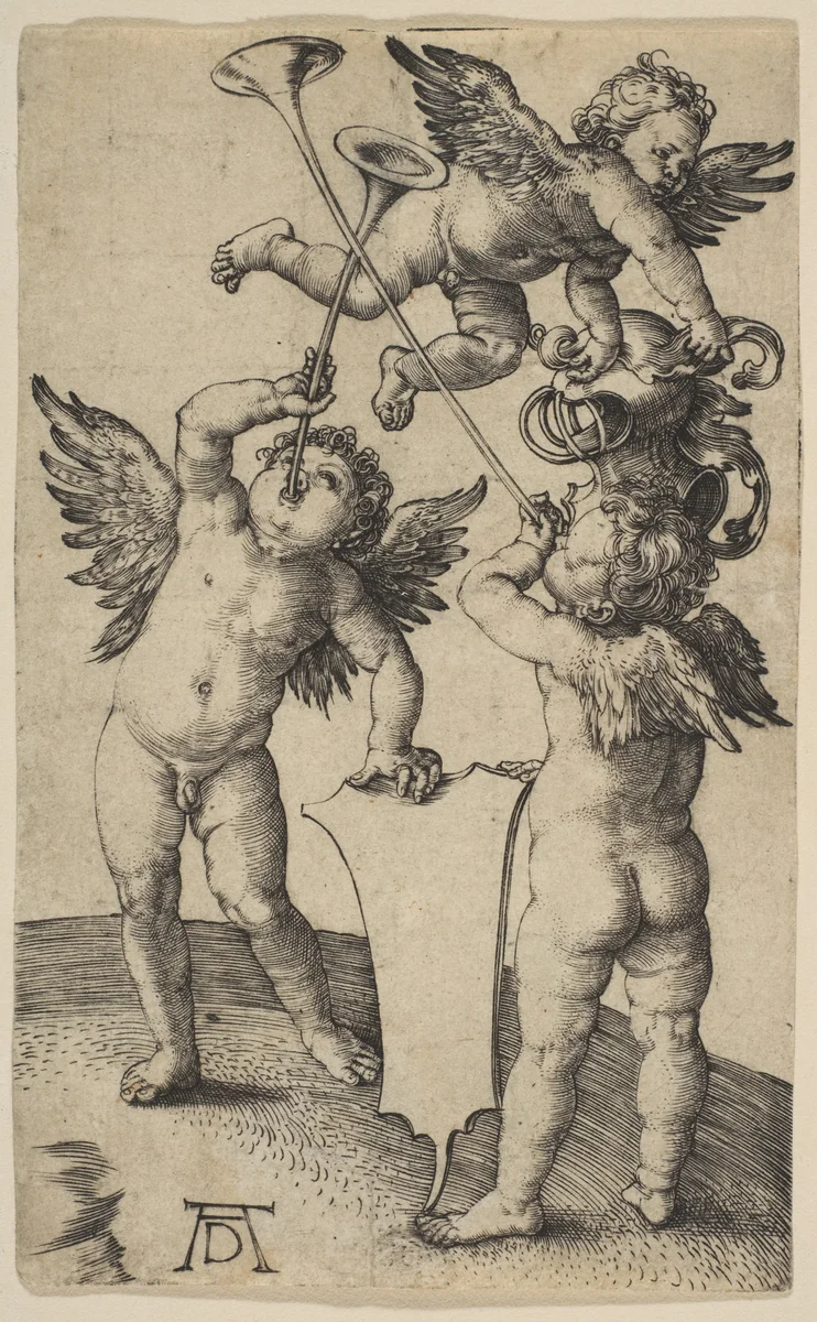 Three Putti with Trumpets by Albrecht Dürer, print, 1500