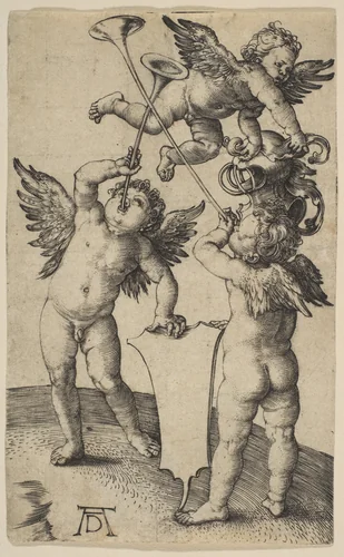 Three Putti with Trumpets by Albrecht Dürer, print, 1500