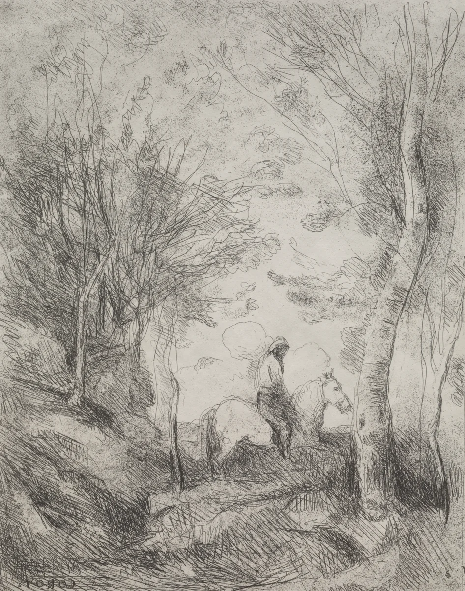 The Great Cavalier in the Wood by Jean-Baptiste-Camille Corot, print, 1921