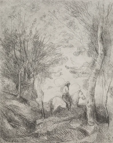 The Great Cavalier in the Wood by Jean-Baptiste-Camille Corot, print, 1921
