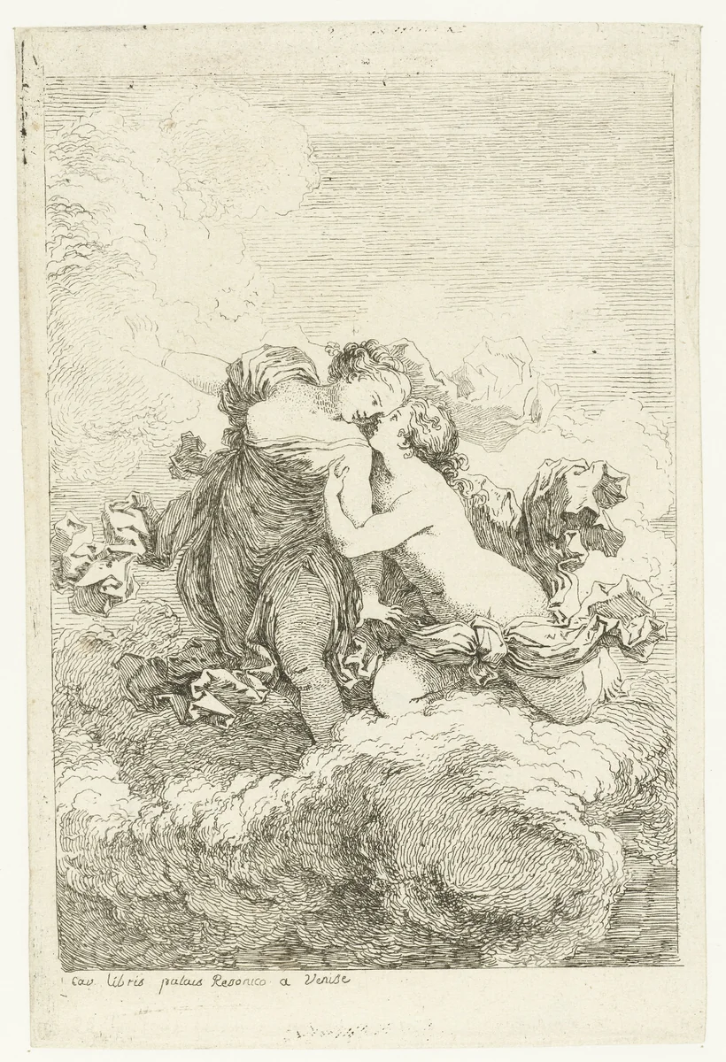 Twee vrouwen op een wolk by Jean Honoré Fragonard, print, 1763-1764