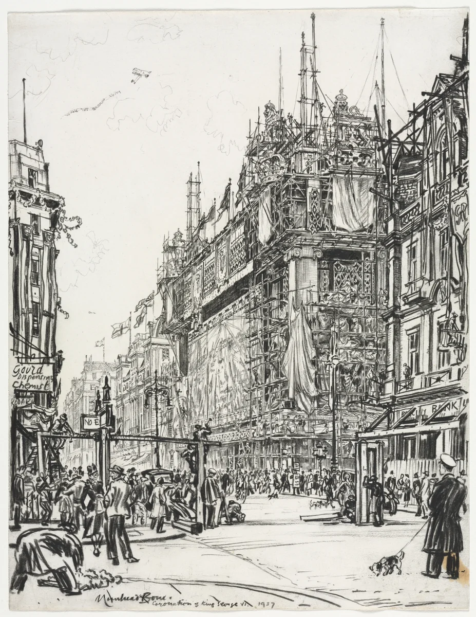 Selfridges, Oxford Street; Coronation of George VI by Muirhead Bone, drawing, 1937