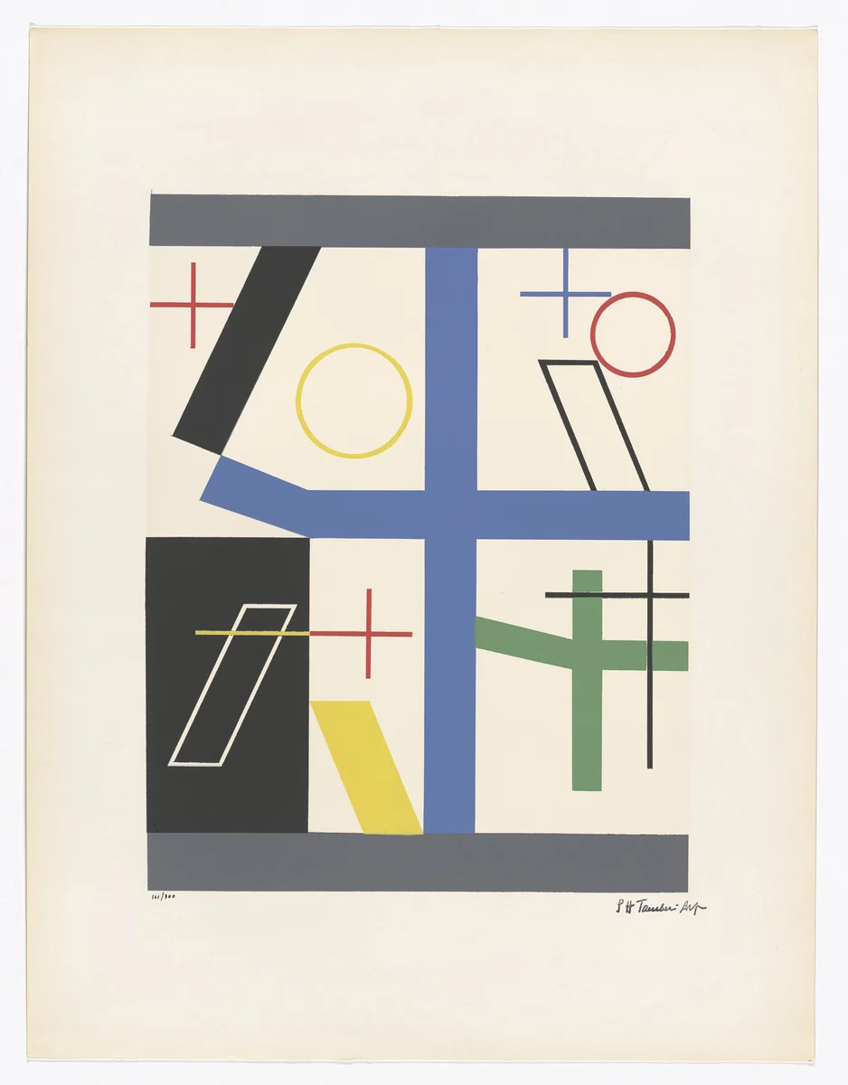 Four Spaces with a Broken Cross (Quatre espaces à croix brisée) from Art of Today, Masters of Abstract Art (Art d'aujourd'hui, maîtres de l'art abstrait), Album I by Sophie Taeuber-Arp, print, 1953