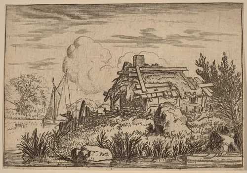 Ruined Cottage, Surrounded by Water by Allart van Everdingen, print, 1645-1656