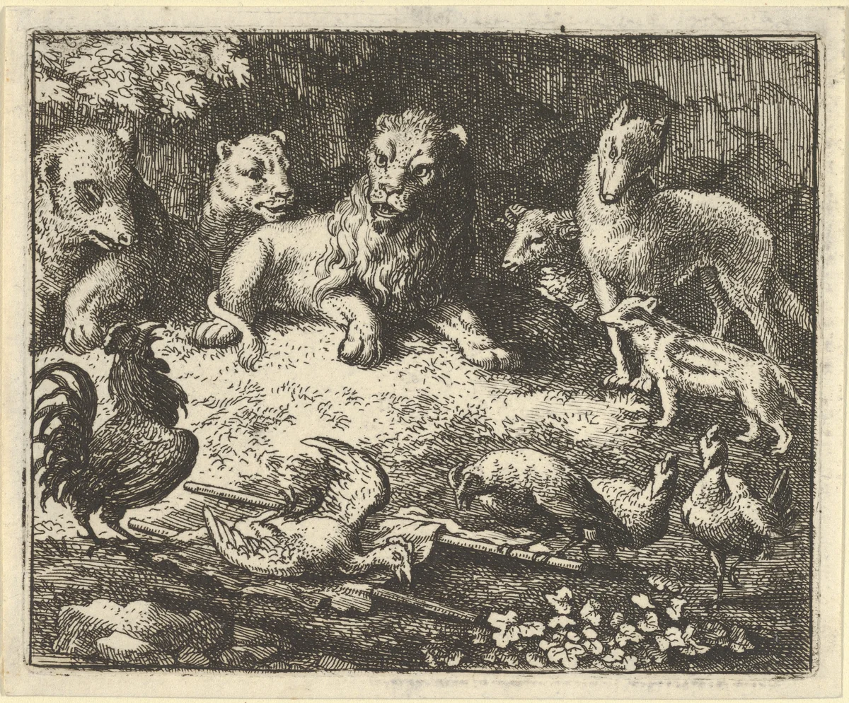 The Rooster Accuses Renard of Murdering his Chicken from Hendrick van Alcmar's Renard The Fox by Allart van Everdingen, print, 1650-1675