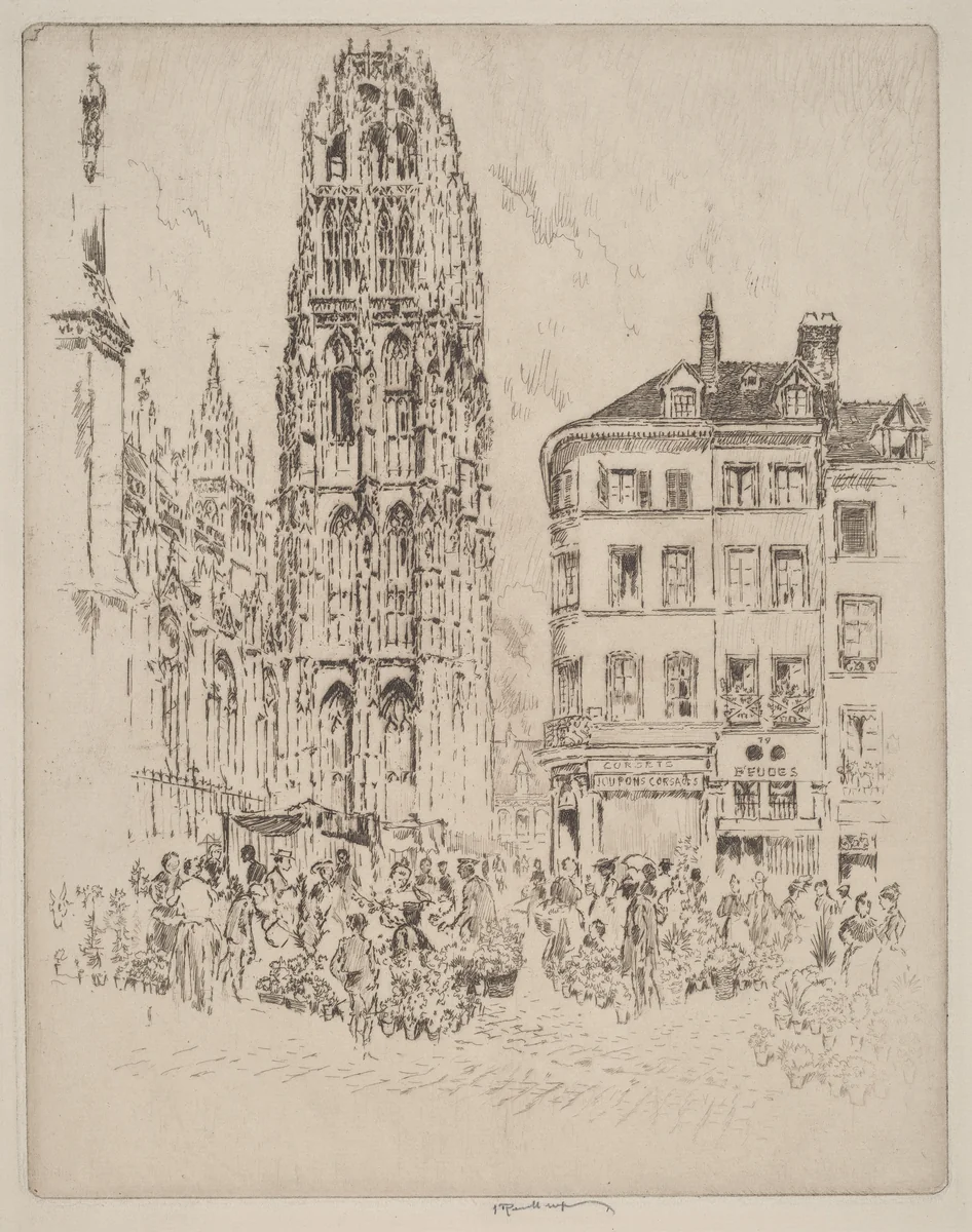 Flower Market and Butter Tower, Rouen by Joseph Pennell, print, 1907