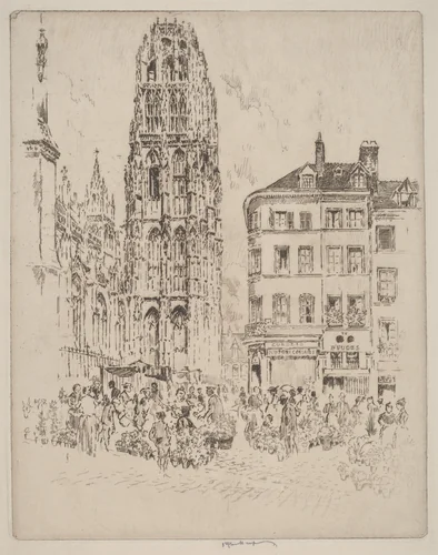 Flower Market and Butter Tower, Rouen by Joseph Pennell, print, 1907
