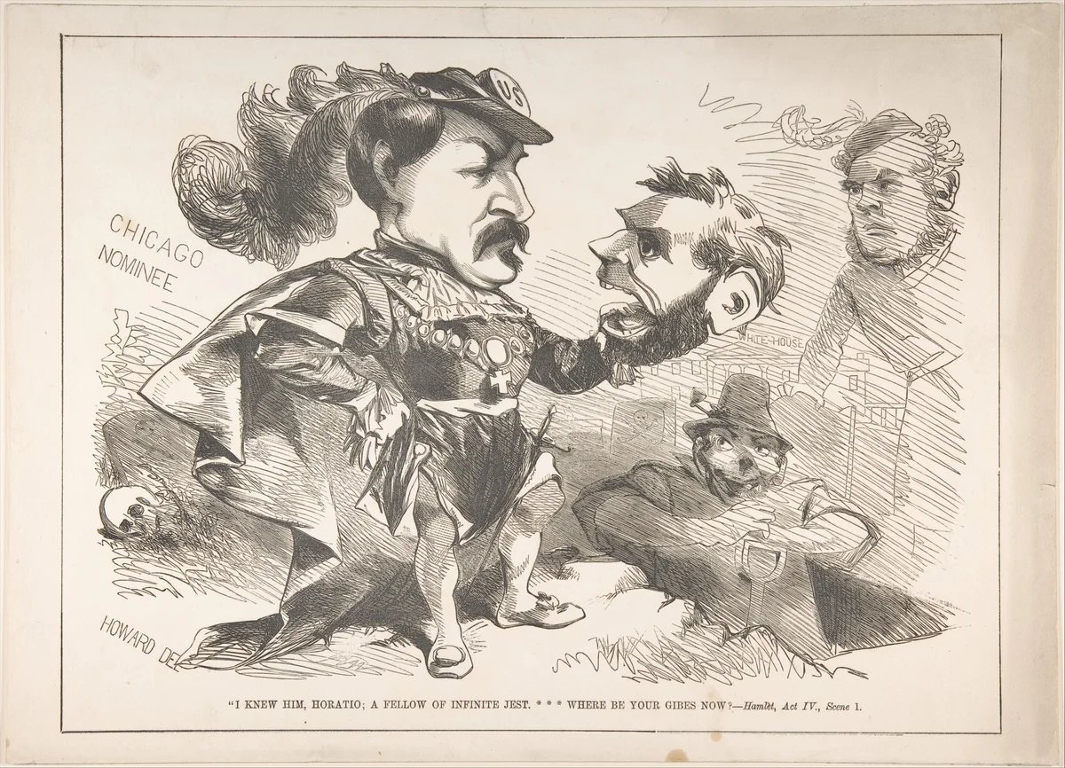 Chicago Nominee: "I knew him, Horatio; a fellow of infinite jest...Where be your gibes now?–Hamlet, Act IV [sic], Scene 1" by Justin H. Howard, print, 1864
