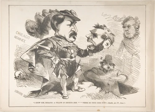Chicago Nominee: "I knew him, Horatio; a fellow of infinite jest...Where be your gibes now?–Hamlet, Act IV [sic], Scene 1" by Justin H. Howard, print, 1864