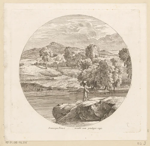 Arcadisch rivierlandschap met een jonge vrouw met een pakket op haar hoofd by Théodore, print, 1690-1730