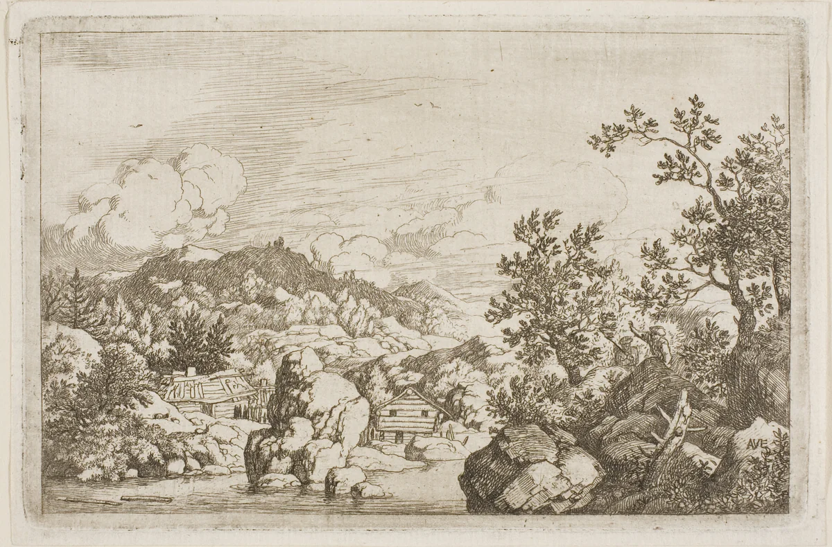 River Between Rocks and Wooden Huts by Allart van Everdingen, print, 1641-1675
