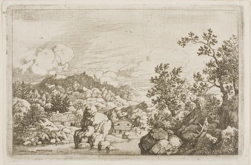 River Between Rocks and Wooden Huts by Allart van Everdingen, print, 1641-1675