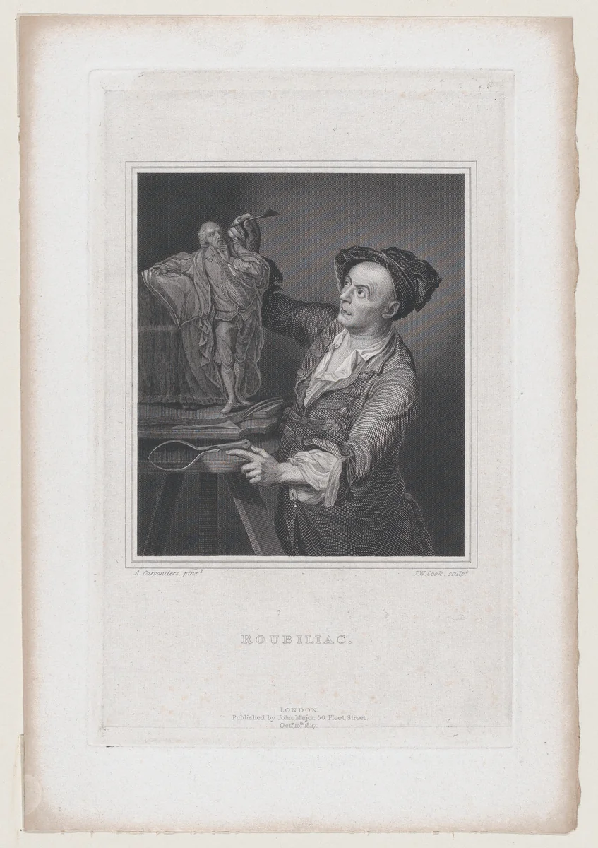 Roubiliac with the Model for Garrick's Shakespeare (Walpole's "Anecdotes of Painting in England," vol. 4) by James William Cook, print, 1827