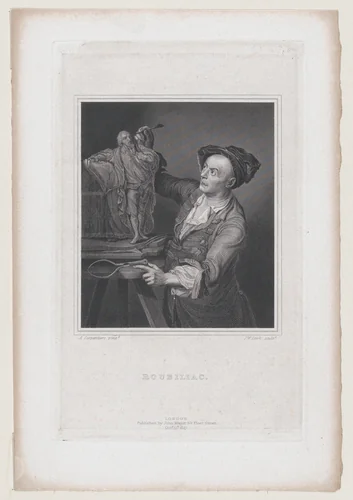 Roubiliac with the Model for Garrick's Shakespeare (Walpole's "Anecdotes of Painting in England," vol. 4) by James William Cook, print, 1827