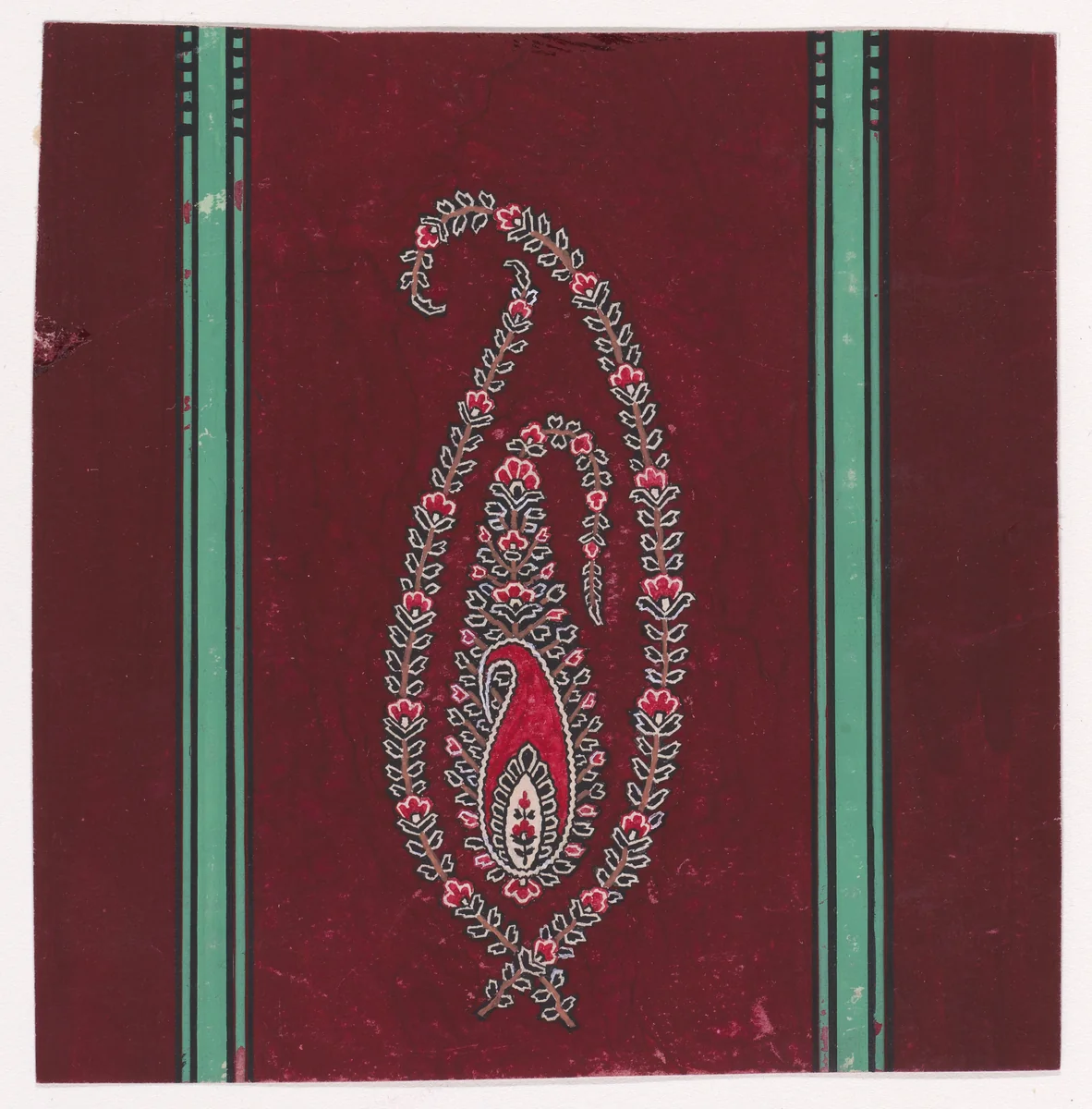 Textile Design with a Paisley Motif Decorated with Branches with Small Stylized Flowers and Leaves Framed by Two Vertical Stripes by anonymous, drawing, 1840