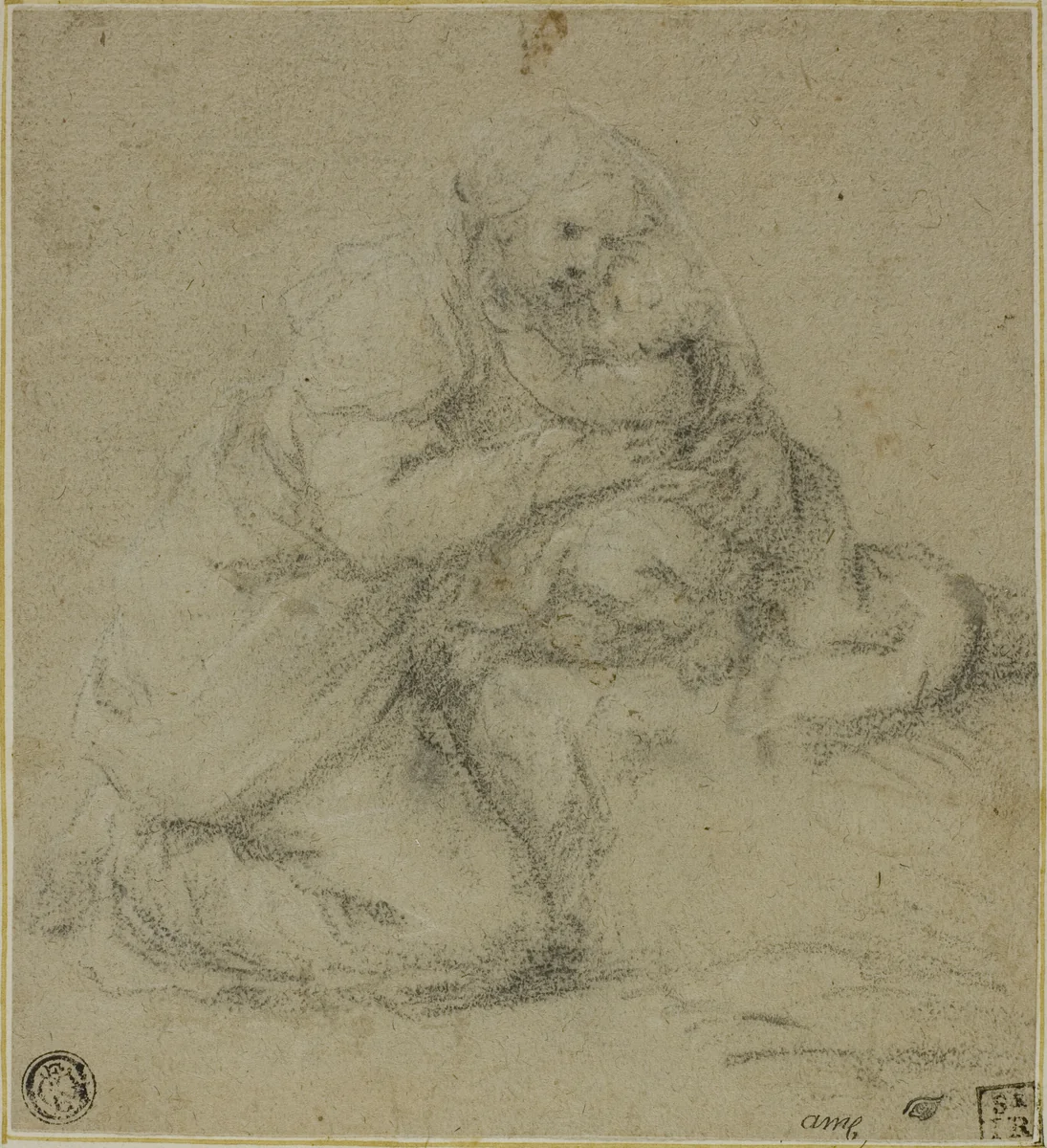 Kneeling Mother Embracing Child by Michelangelo Anselmi, drawing, 1548-1552