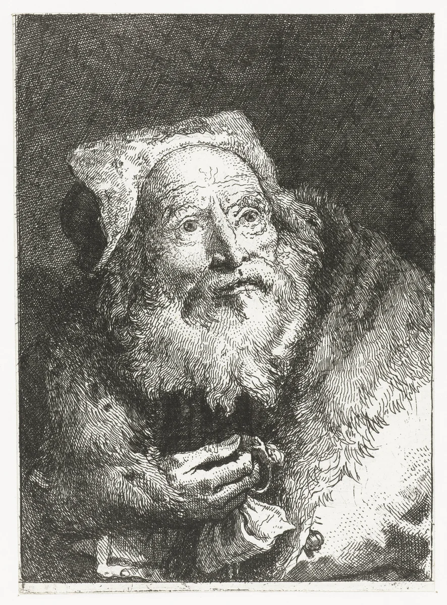 Oude man met armband in hand by Giovanni Domenico Tiepolo, print, 1756-1757