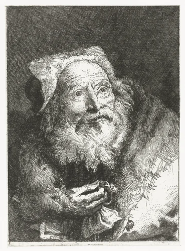 Oude man met armband in hand by Giovanni Domenico Tiepolo, print, 1756-1757
