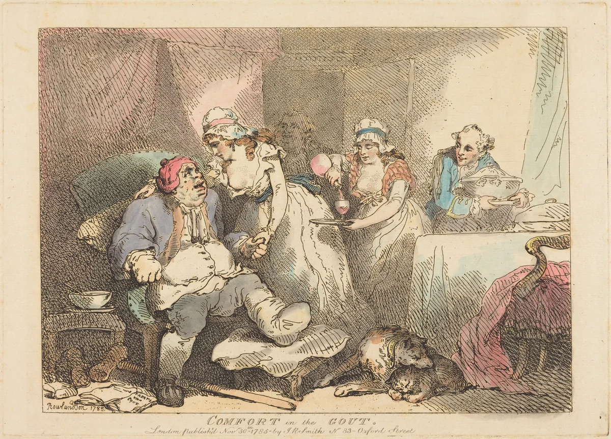 Comfort in the Gout by Thomas Rowlandson, print, 1785
